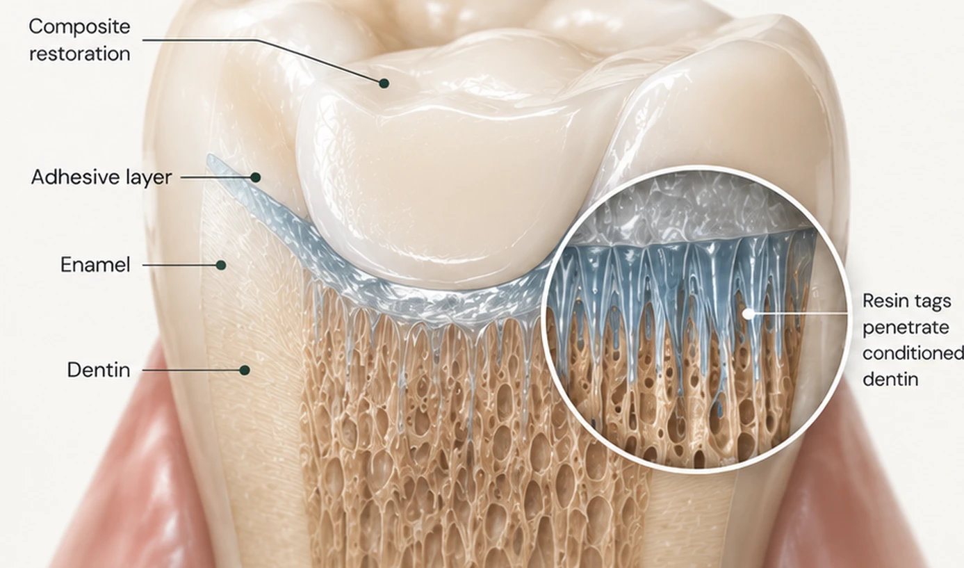 Cross-section of a bonded composite restoration — composite, adhesive layer, enamel and dentin, with resin tags penetrating conditioned dentin — Smile Spot Dentistry, Venice FL
