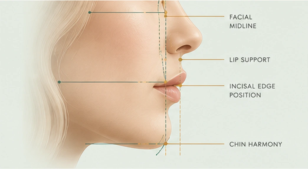 Facial landmarks used in All-on-X design — facial midline, lip support, incisal edge position and chin harmony — Smile Spot Dentistry, Venice, FL