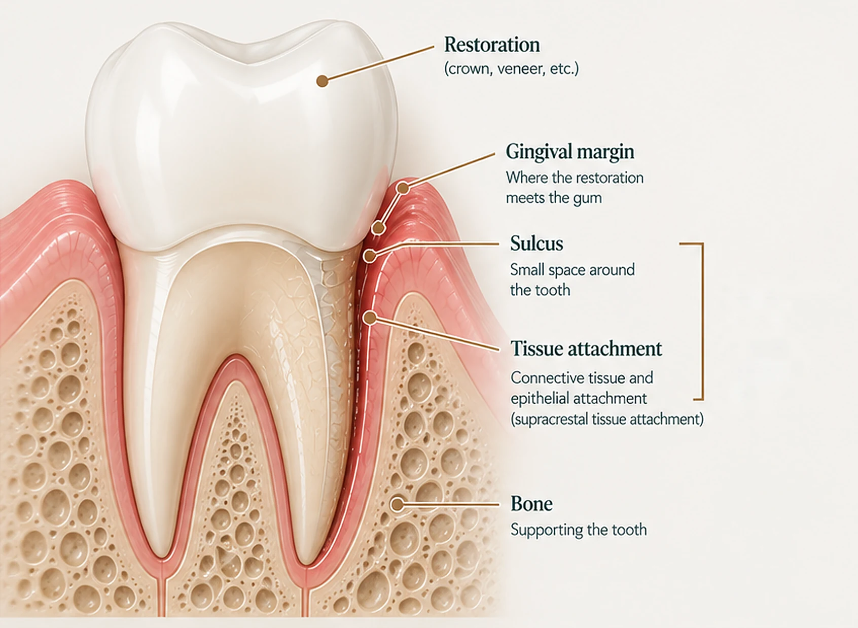 Cross-section of a crowned tooth showing the restoration, gingival margin, sulcus, tissue attachment (connective tissue and epithelial attachment — the supracrestal tissue attachment, about 2 mm) and supporting bone. Smile Spot Dentistry, Venice FL.