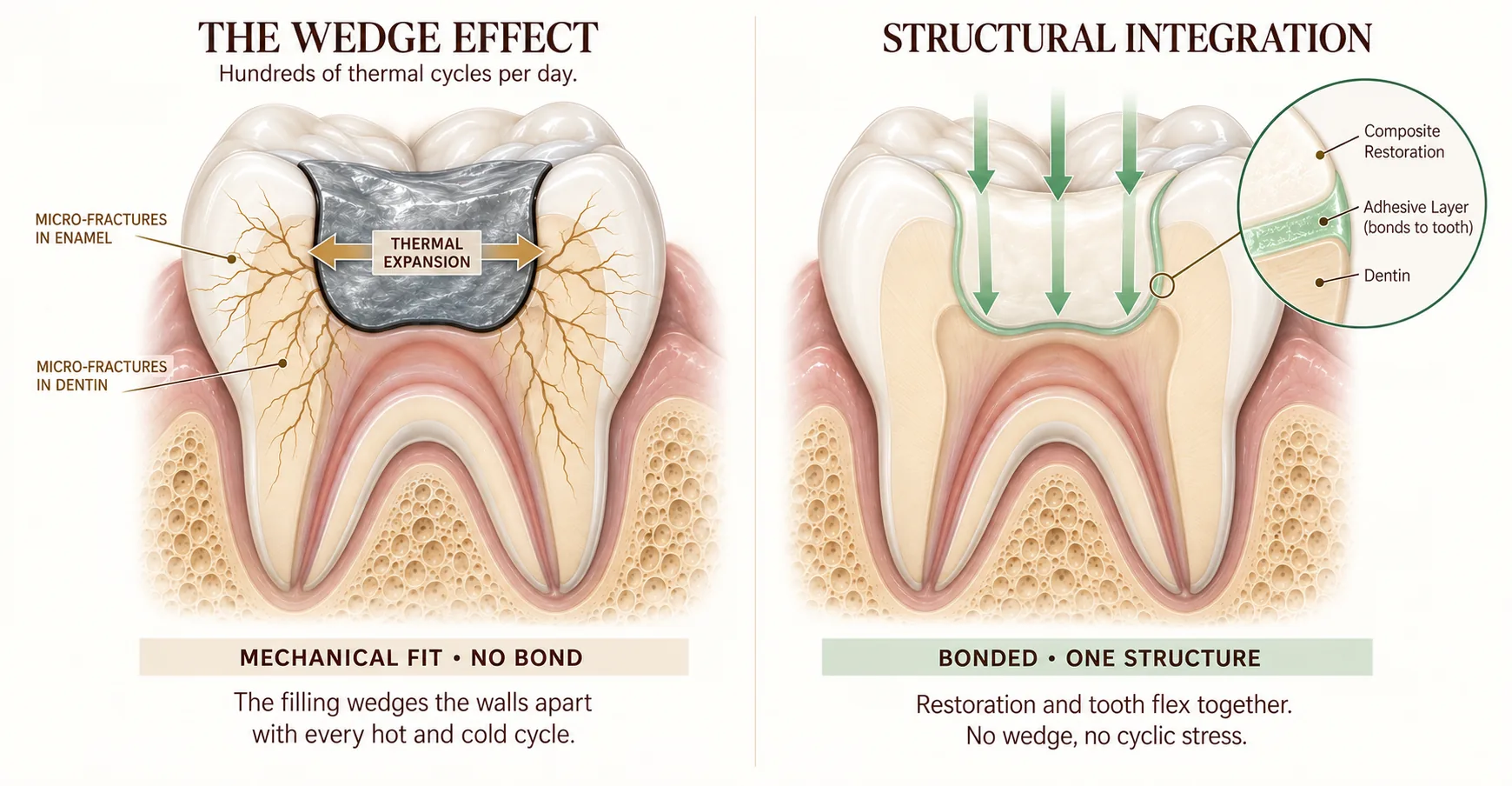 Two cross-sections of the same molar comparing an amalgam filling with a bonded composite restoration. On the left, the amalgam sits mechanically in the cavity with a dark seam at every margin; gold arrows show it expanding laterally against the tooth walls with each thermal cycle, and a branching network of micro-fractures radiates from the margins into the enamel and dentin. On the right, a tooth-colored composite is bonded through a continuous adhesive layer with no seam and no fractures, and force arrows pass down through the restoration into the tooth as one structure. A magnified callout shows the composite, adhesive layer and dentin as three bonded strata. Smile Spot Dentistry, Venice FL.