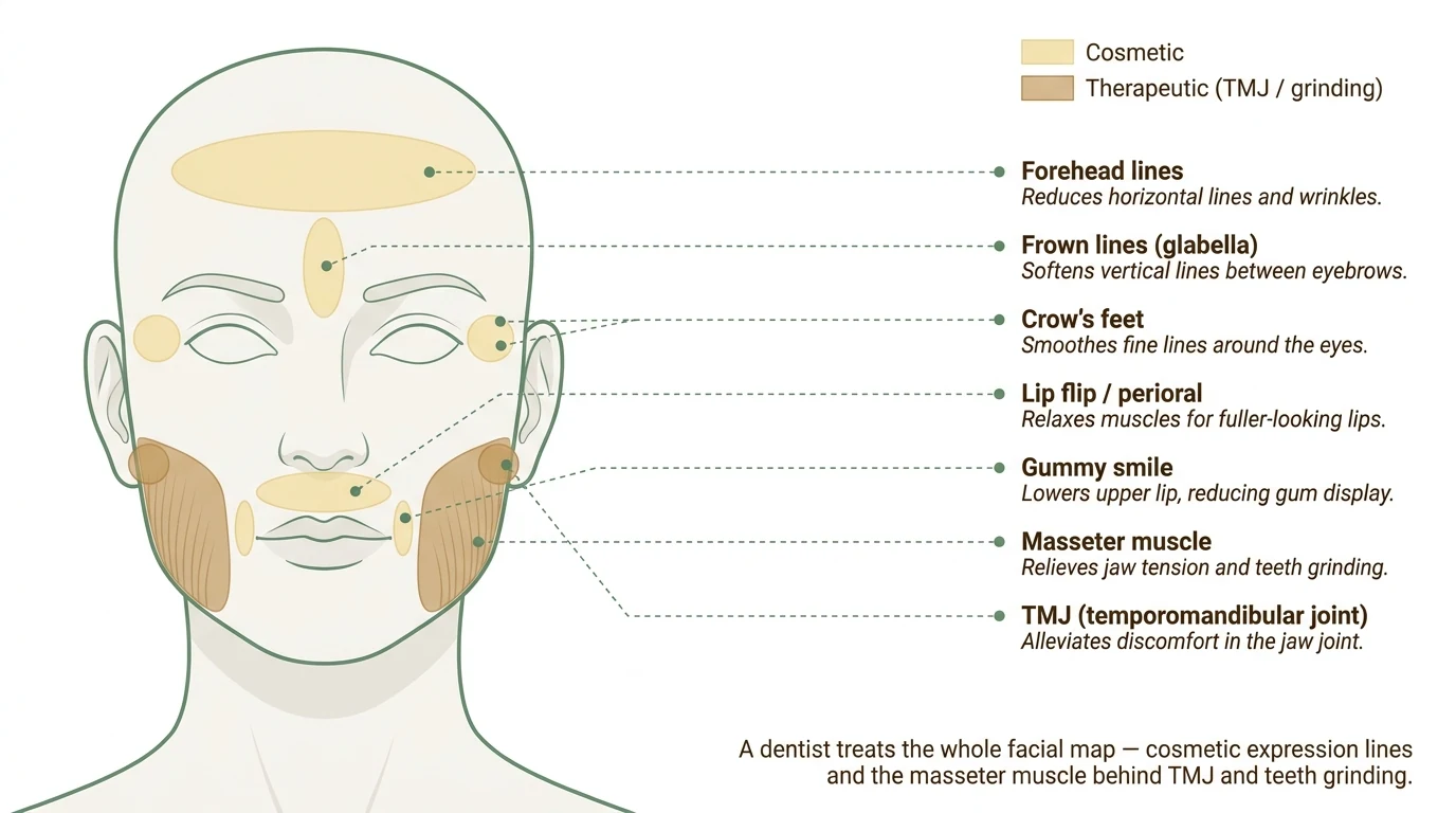 Facial map of cosmetic and therapeutic Botox treatment areas — forehead, crow's feet, lip flip, gummy smile, and masseter for TMJ — at Smile Spot Dentistry, Venice, Florida