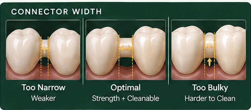 Connector width compared — too narrow, optimal, and too bulky — on a dental bridge, Smile Spot Dentistry, Venice FL