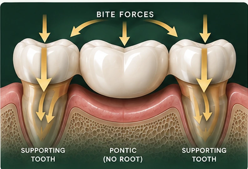 Bite forces travelling through a three-unit dental bridge into the supporting teeth — the pontic has no root of its own — Smile Spot Dentistry, Venice FL