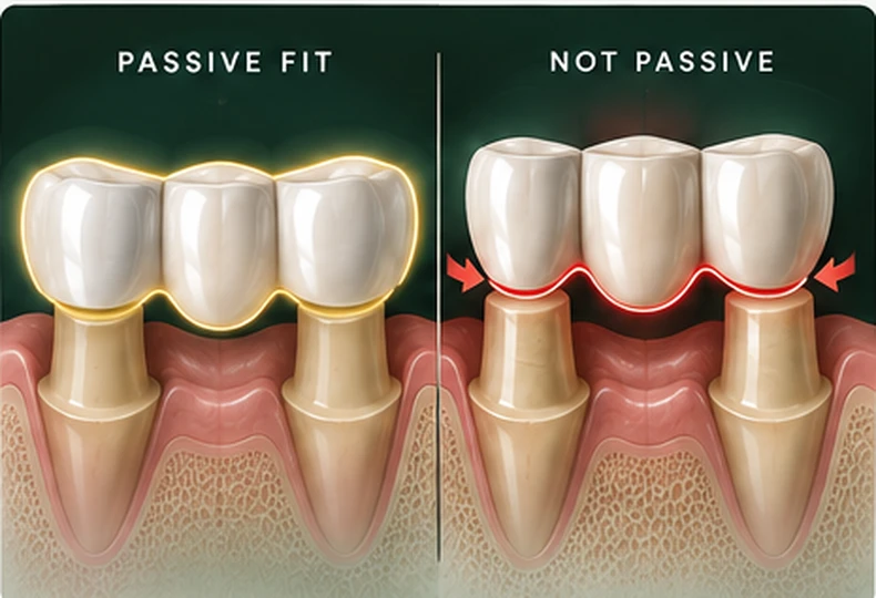 Passive fit compared with a bridge that seats under internal tension, placing lateral force on the abutment roots — dental bridge, Smile Spot Dentistry, Venice FL