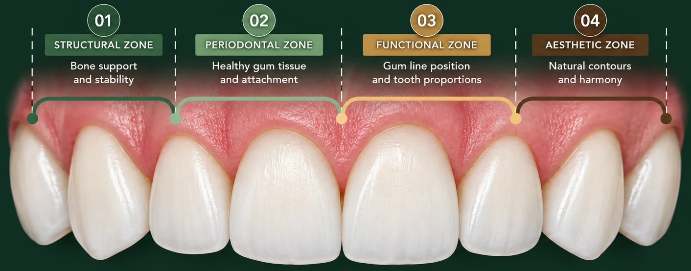 Gum-line design blueprint showing four zones: 01 structural zone — bone support and stability; 02 periodontal zone — healthy gum tissue and attachment; 03 functional zone — gum line position and tooth proportions; 04 aesthetic zone — natural contours and harmony. Illustrative example — not an actual patient.