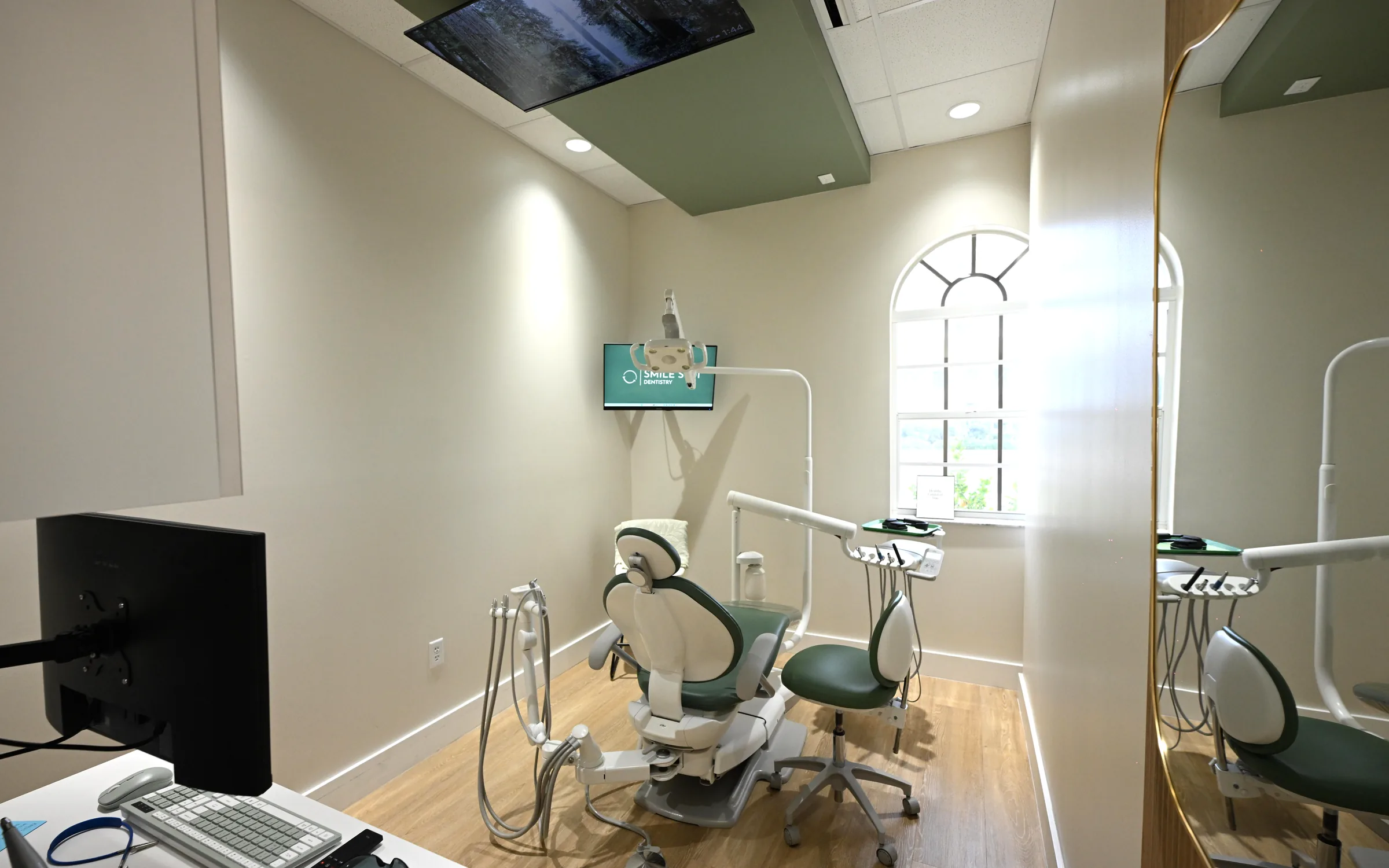 Immersive treatment suite at Smile Spot Dentistry, Venice, FL, with a ceiling-mounted screen above the patient chair and an arched window
