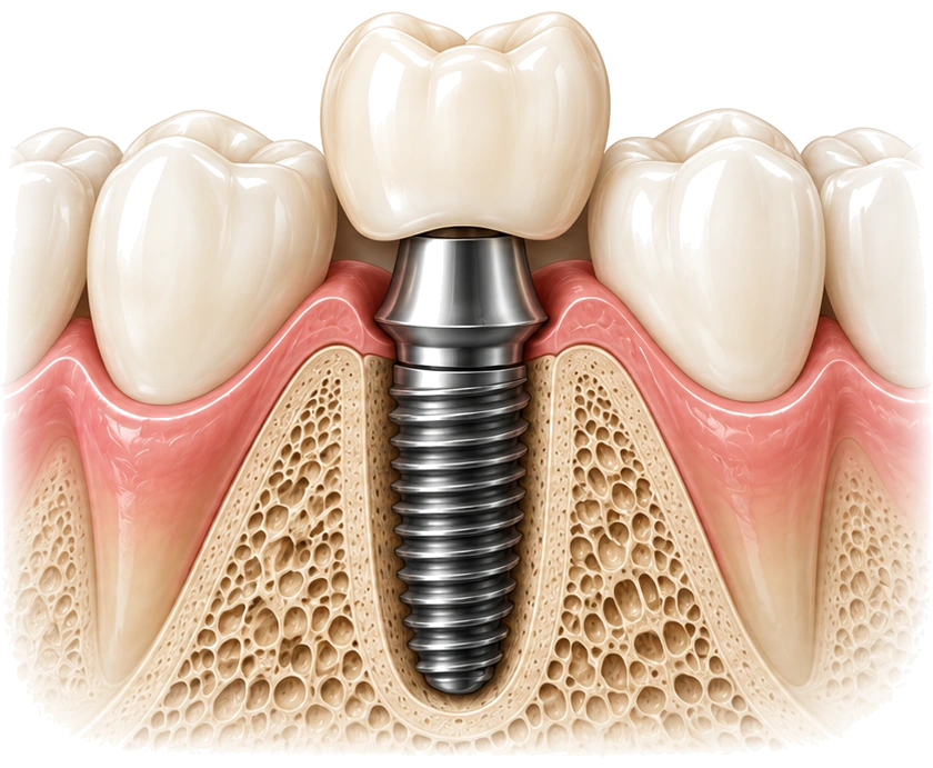 Single-tooth implant replacing a missing tooth between natural teeth