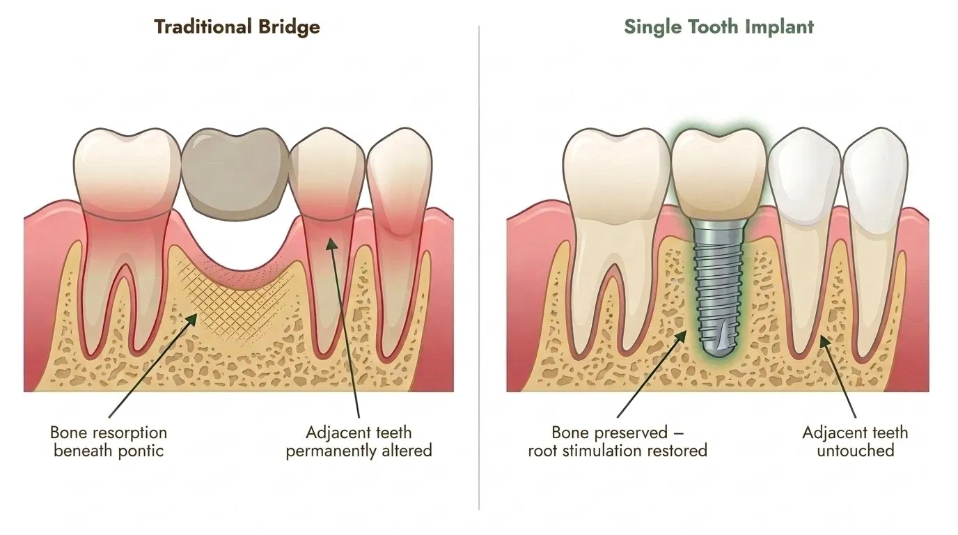 Traditional bridge compared with a single tooth implant — bone resorption beneath the pontic versus preserved bone with root stimulation, Smile Spot Dentistry, Venice, FL