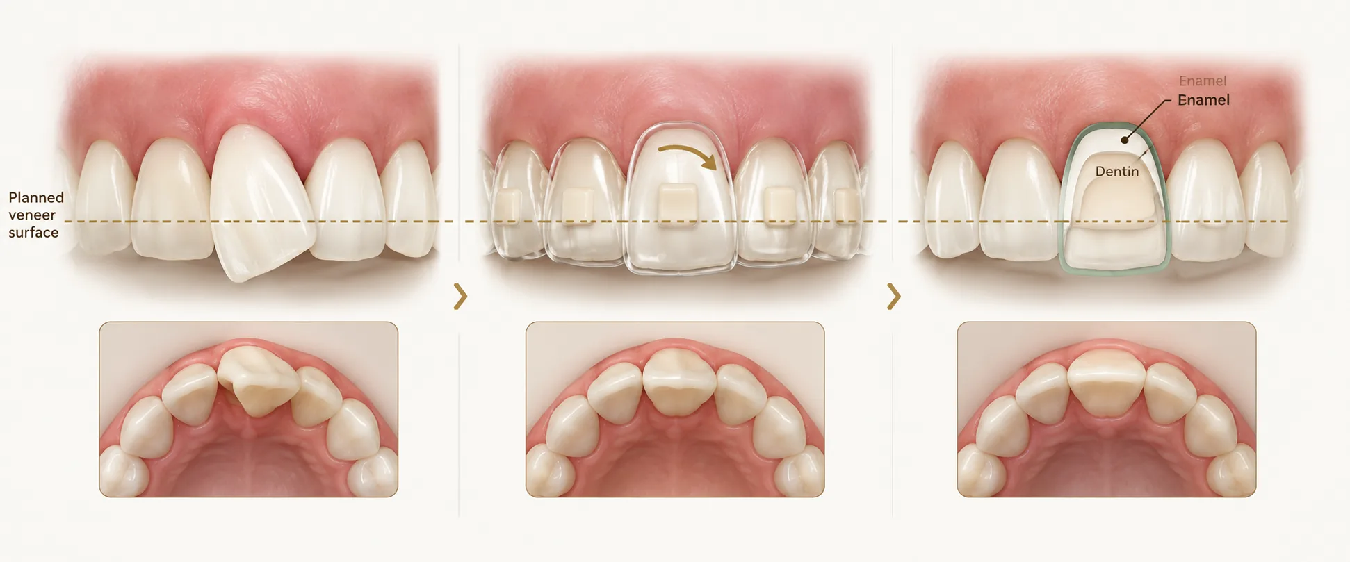 Three-stage illustration of aligning a tooth before a veneer, with a dashed line marking the planned veneer surface across all three panels. Panel one: an upper central incisor tipped forward and rotated out of line with its neighbors, shown from the front and from above. Panel two: a clear aligner over the upper teeth with small tooth-colored attachments, and an arrow showing the incisor rotating back into the arch. Panel three: the incisor in line with the arch, with a veneer outline over a thin layer of enamel and the dentin beneath left intact. Smile Spot Dentistry, Venice FL.