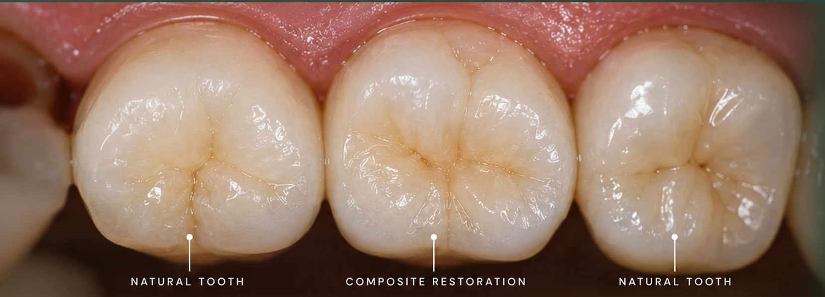 Macro photograph of posterior teeth — a composite restoration between two natural teeth, difficult to distinguish — Smile Spot Dentistry, Venice FL