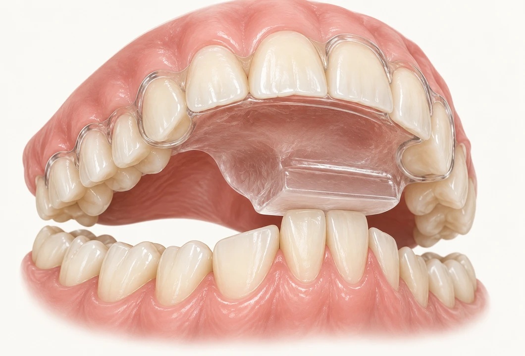 Kois deprogrammer seated on the upper arch — the anterior bite platform is the only contact, holding the back teeth apart — Smile Spot Dentistry, Venice FL