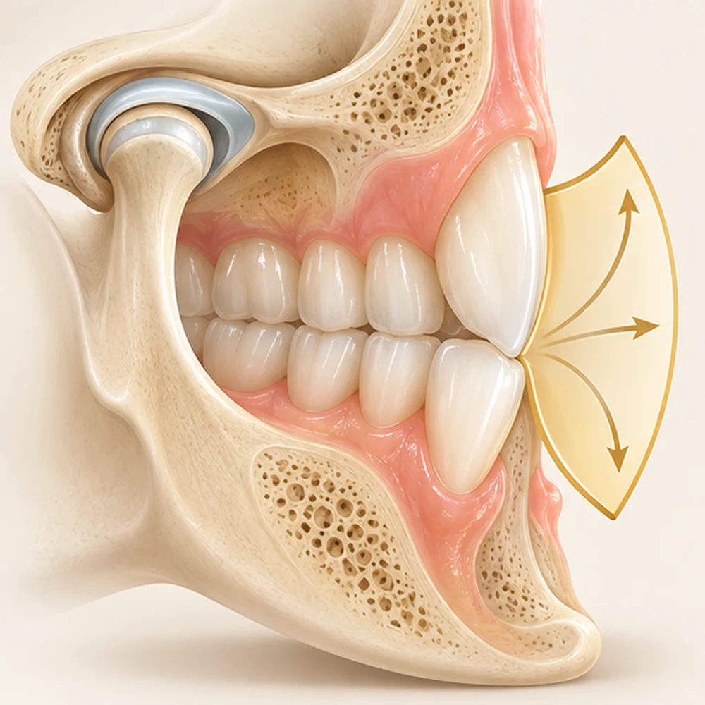 Illustration of the functional envelope — the range of healthy jaw movement — and a stable tooth position aligned to work with the bite