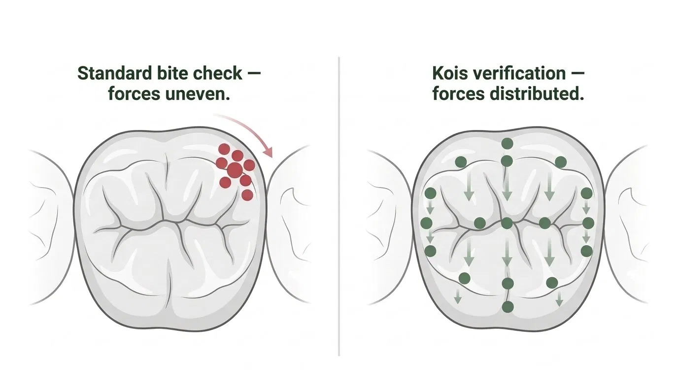 Standard bite check showing uneven forces compared with Kois verification showing distributed contacts — Smile Spot Dentistry, Venice, FL