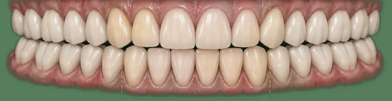 Full dental arch divided into zones: posterior teeth restored for strength and front teeth in the aesthetic zone restored for natural translucency — Smile Spot Dentistry, Venice FL
