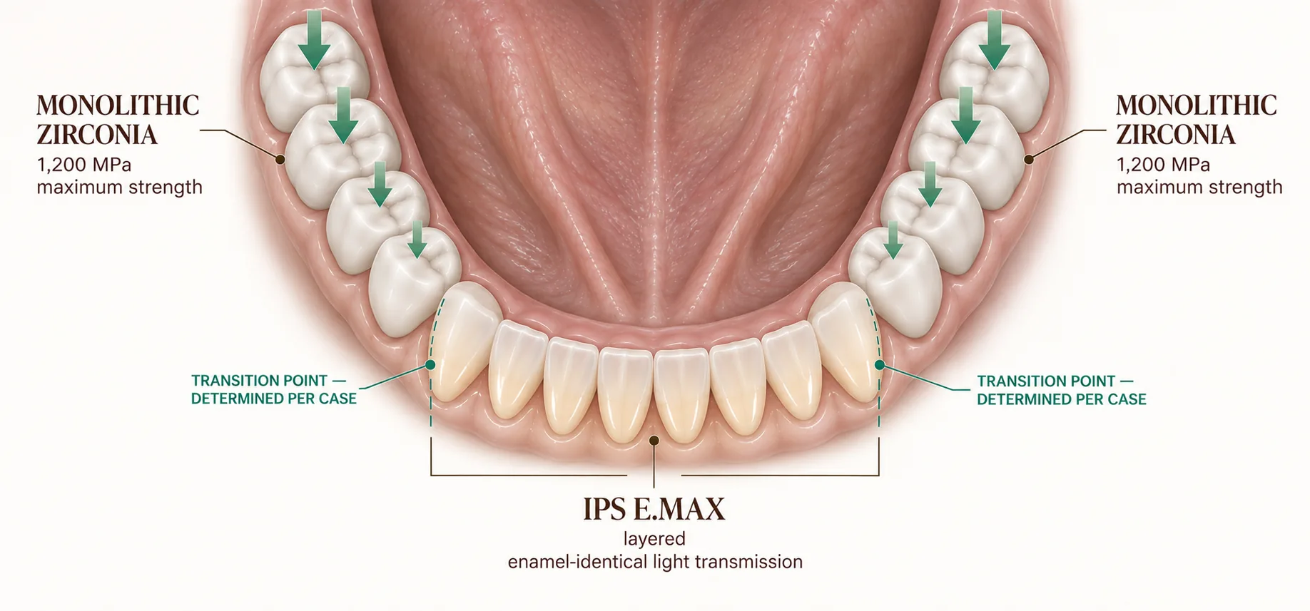 Occlusal view of a reconstructed lower arch showing where each ceramic is used. The posterior teeth from the first premolar back are monolithic zirconia at 1,200 MPa for maximum strength, with green force arrows on those teeth only. The anterior teeth from canine to canine are layered IPS E.max for enamel-identical light transmission. A dashed green line at each canine marks the transition point, labelled as determined per case. Smile Spot Dentistry, Venice FL.