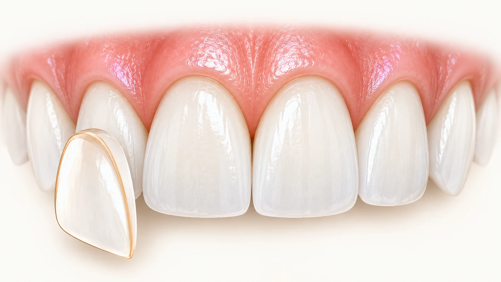 Porcelain veneer shell held in front of an upper arch — Smile Spot Dentistry, Venice, FL