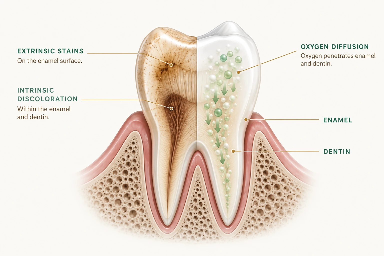 Cross-section of a tooth — extrinsic stains on the enamel surface and intrinsic discoloration within the enamel and dentin on one side, oxygen diffusion from professional whitening on the other — Smile Spot Dentistry, Venice, FL