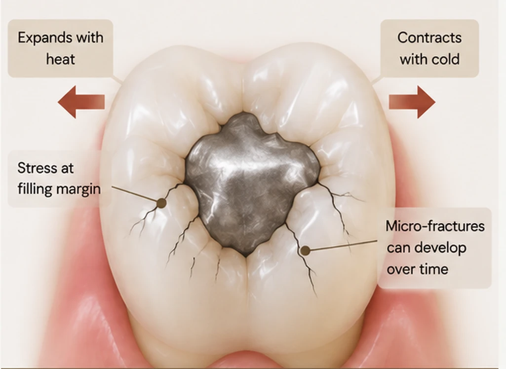 Amalgam filling expanding with heat and contracting with cold, creating stress at the filling margin and micro-fractures in the tooth — Smile Spot Dentistry, Venice FL