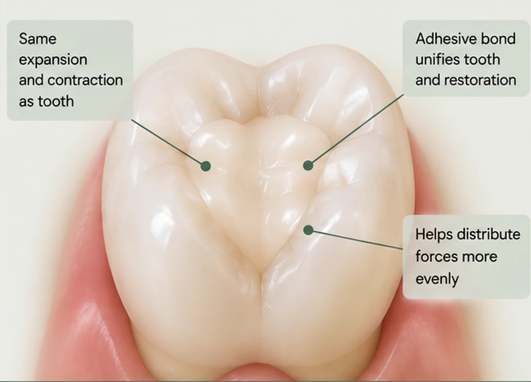 Bonded composite restoration expanding and contracting with the tooth, adhesively unified so forces are distributed more evenly — Smile Spot Dentistry, Venice FL