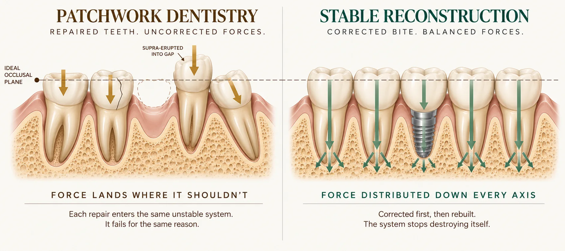 Split-panel cross-section comparing patchwork dentistry with a stable reconstruction, measured against a dashed line marking the ideal occlusal plane. On the left, a worn tooth, a fractured tooth, an empty gap where a tooth is missing, the opposing tooth supra-erupted into that gap, and a drifted tooth — with uneven, off-axis force arrows landing where they should not. On the right, the same segment rebuilt: every tooth at full height on the occlusal plane, the gap restored with an implant, and equal vertical force arrows running down each root into the bone. Smile Spot Dentistry, Venice FL.
